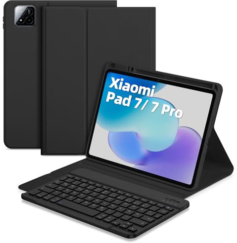 Bettdow für Xiaomi Pad 7 11.2 2024 Tastatur Hülle, Deutsch QWERTZ Layout Abnehmbarer Beleuchtete Tastatur, Hülle mit Stifthalter für Xiaomi Pad 7/ Pad 7 Pro 11.2 Zoll 2024, Schwarz