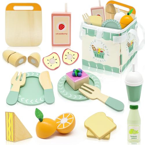 Wooden Picnic Playset, Pretend Play Food Set 17PCS with Cutting Fruits, Veggies & Foldable Blanket, Wooden Toy Food Kitchen Toys Gift for Toddlers 3+ Boys & Girls