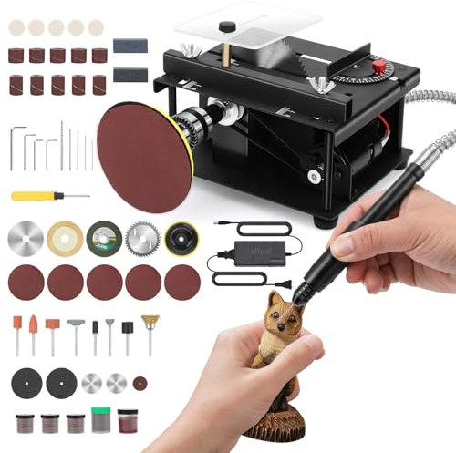 Mini Sega da Tavolo 100W, Piccola sega Elettrica da Desktop, 7 Velocità, Profondità di Taglio 30mm, Precisione Hobby con anelli per cintura, per legno, hobby
