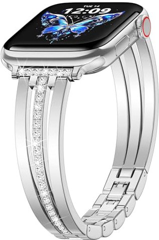 V.R.HOPE Damen schlank Metall Ersatzarmband Kompatibel mit Apple Watch Armband 38mm 40mm 41mm 42mm, Glitzernde Kristallpartikel Dekoration, für iWatch Series 10 9 8 7 SE 6 5 4 3 2 1 - Silber