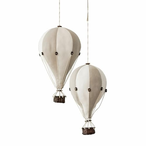 Loberon Deko-Heißluftballon 2er Set Merrybean, Creme/grau | Fantasievolle Dekoration, Leicht Aufhängbar, Sanfte Farben, Kinderzimmer-Accessoires, Baumwolle, Eisen