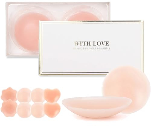 ohyeahlady 4 Paires Cache Tetons Femme Silicone Réutilisable Doux Soutien Gorge Invisible Cache-Tétons Sexy Nipple Cover Reusable Large Protège Tétons Couvre Seins Ronde&Fleur&Cœur Emballage Boite