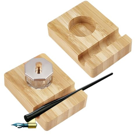 BENECREAT 2Sets Wood Ink Bottle Holder, Desktop Pen Holder with 8ml Ink Bottle Container for Liquid Storage, Painting and Calligraphy Enthusiasts, Slot: 12.5mm