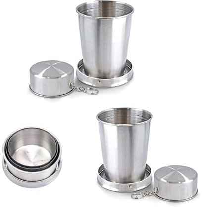 PHMING 2 Pièces Gobelet Pliable, Acier Inoxydable Gobelet Retractable, 150 ml Verre de Voyage Pliable avec Porte-Clés, pour Camping, Alpinisme, Voyage