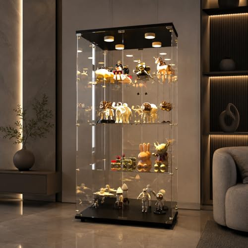 Vitrina de cristal con espejo 164 x 80,5 x 36,5 cm, vitrina para colección con puertas de cristal y LED, armario de cristal de pie con 4 estantes, mueble vitrina de cristal para el hogar y la oficina