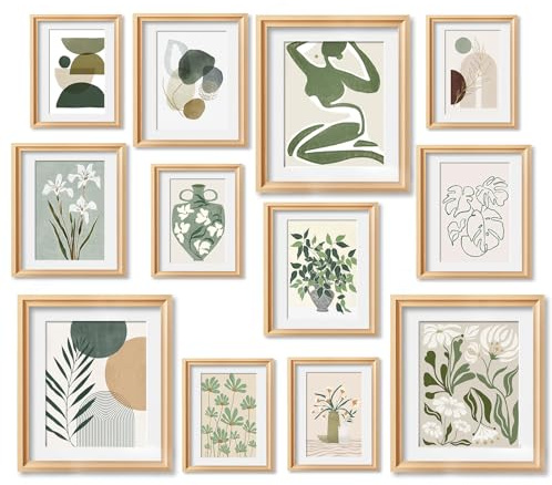 JJY 12 Pcs Sage Green Eclectic Wall Art Prints Decor -Abstract Herbaceous Flowers Plants Print Eclectic Wall Decor -Classic Art Prints Funky Maximalist Poster for Home Bedroom (Unframed)