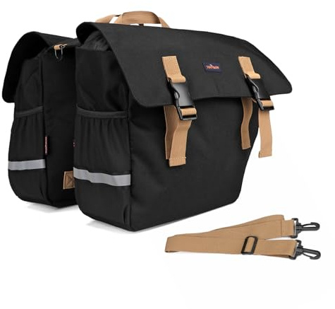Nylon Bike Double Pannier Bag for Bicycle Rear Rack Trunk Cargo Carrier | Reflective Strips, Mesh Side Pocket for Water Bottle, Quick-release Buckles Straps, Two Large Compartments, Outdoor Commuting