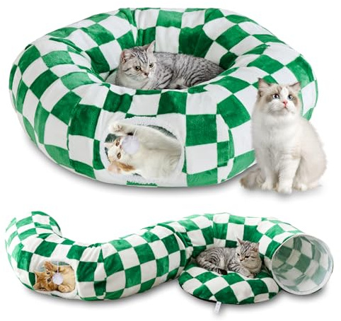 Yaning Tunnel pour chat d'intérieur – Jolie grotte pour chat avec boules pendantes, lit en forme de donut à carreaux avec tapis circulaire pour chiot, chaton, lapin, vert/blanc