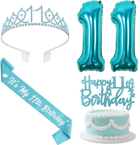 Sursurprise Blaugrüne Dekoration zum 11. Geburtstag, mit Schärpe und Diadem, Happy 11th Birthday Cake Topper, Zahl 11 Luftballons, 11 Jahre alt Geburtstag Party Supplies für Mädchen