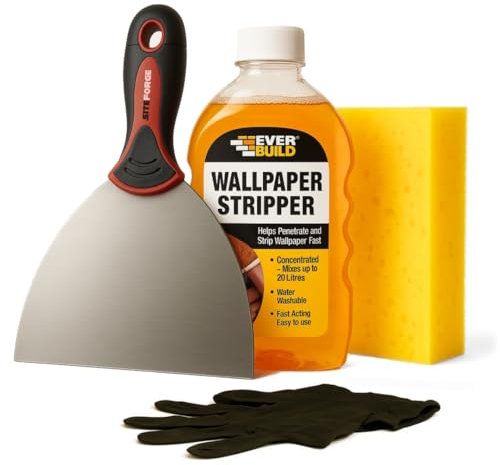 Wallpaper Stripper Solution Removal Kit – Concentrated 500ml Fast-Acting Glue Remover for Vinyl, Painted & Textured Walls – Includes Wide Scraper, Sponge & Gloves