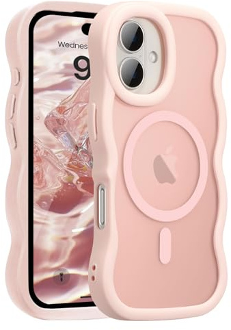 UEEBAI Magnetic for iPhone 17 Case, Compatible with MagSafe, Transparent Wave Frame Design Case Soft Edge Cover Cute Clear Matte Shockproof Protective Phone Cover, Pink