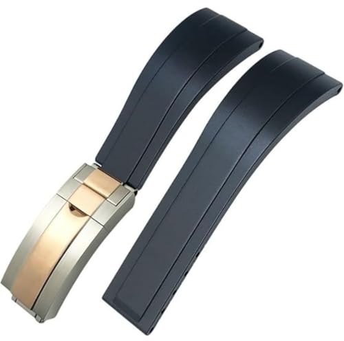 ROUREOX Weiches Silikon Armband für Herren mit Edelstahl-Druckknopf, Quick Release für Rolex Daytona GMT-Master II Yacht-Master-Schwarz+Zweifarbiges Rose Gold 20mm