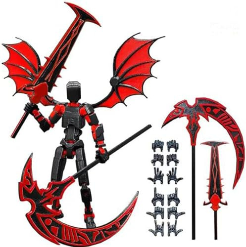 WANGHONGGOGO T13 Actionfigur, 3D gedrucktes Actionfiguren Set, mehrgelenkiges Actionfiguren mit 2 coolen Waffen und 6 Händen und Flügeln Glücksgeschenk Desktop Ornament ((Schwarz und Rot))