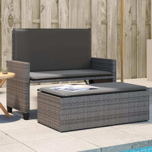 Zeehear Gartenbank mit Kissen und Hocker Grau Poly Rattan, 2-in-1 Schlafsofa, UV-beständig, wetterfest für Terrasse, Garten, Balkon, Veranda
