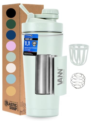 VANN Shaker Proteinshake 750ML - Thermo Shaker Edelstahl [12h kalt] | Ideal für Gym, Fitnessstudio, Sport - Schüttelbecher für Protein- und Eiweißshakes - Mikroplastik frei - Ultimate Salbeigrün