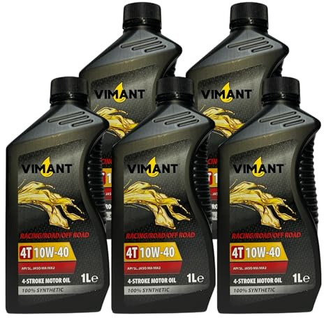 VIMANT Olio Motore 4T 10W-40, 5 Litri, 5x1L, 100% Sintetico, JASO MA/MA2, Per Motori a 4 Tempi, Moto e Scooter