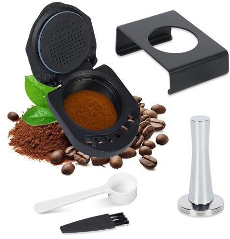 Reusable Coffee Pods for Dolce Gusto Reusable Coffee Capsule Pods Converter Adapter Refillable Coffee Capsule Compatible for Piccolo XS/EDG466/EDG606/EDG305/KP70(1Pod+1Brush+1Spoon+1Tamper+Bracket)