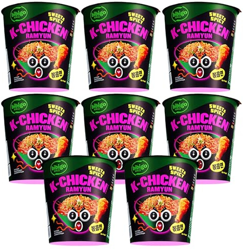 Bibigo Korean Chicken Flavoured Ramyun Sweet & Spicy Stir-Fried Instant Noodles Pots 8x 98g, Authentic Korean Style Instant Cup Ramyun