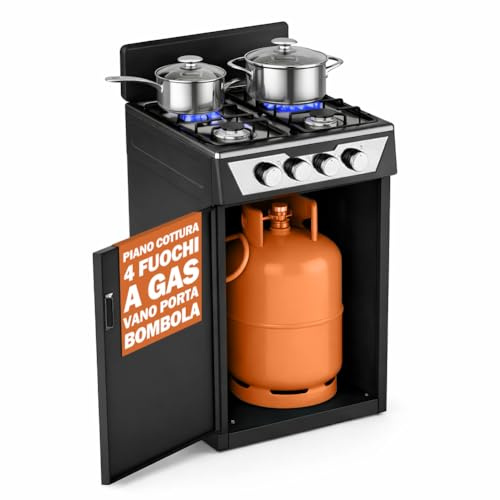 BAKAJI Cucina da Esterno con Piano Cottura 4 Fuochi a Gas, Mobile con Vano Portabombola Integrato Ideale per Esterni e Interni, Struttura Salvaspazio Robusta e Compatta con Paravento (Nero)