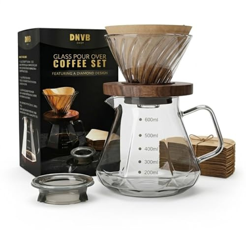 DNVB SHOP Glass Pour Over Coffee Maker Set - 600ml Geometric Carafe with Walnut Base, Swirl Glass Coffee Dripper & Paper Filters. Thermal-Shock Proof, Food-Safe Drip Coffee Kit for Home Barista