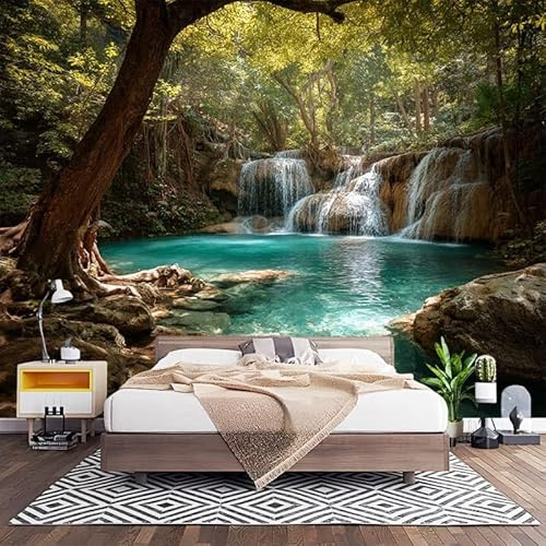 Papier Peint 3D Effet Panoramique Photo Muraux 450x315 cmm, Poster Intissé Mural Paysages Naturels Geant Mural Salon Chambre D'enfants Restaurant Décoration Murale, Paysage de Cascade JungleièRe