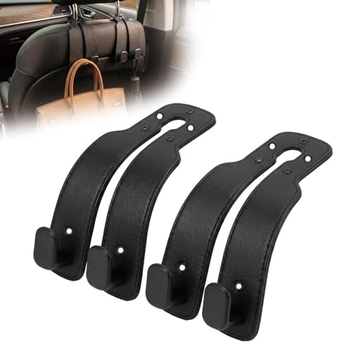 Solvio2 Pack Car Headrest Hooks, 2-in-1 Car Seat Back Storage Hooks with Phone Holder, Universal Leather Car Organiser Hanger for Handbags, Purses, Coats, Grocery Bags & Umbrellas (Black)