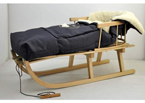 Holzschlitten Kinderschlitten aus Buchenholz Rückenlehne Zugseil + Winterfußsack Schlittensack Fußsack Schwarz Schlitten Kinderwagen