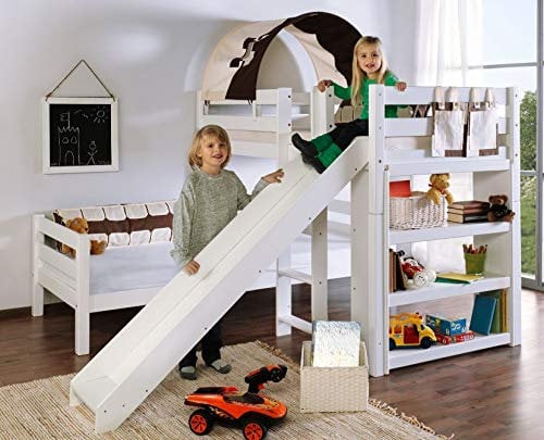 Froschkönig24 Etagenbett mit Rutsche Beni L Kinderbett Spielbett Bett Weiß Stoff Burg, Matratzen Oben/unten:ohne