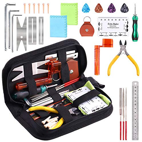 Hilitchi 26 Pcs Complete Guitar Repairing Tool Kit For Guitar Ukulele Bass Mandolin Banjo, Cleaning Maintenance Accessories Set with Bonus Cleaning Cloth Convenient Case
