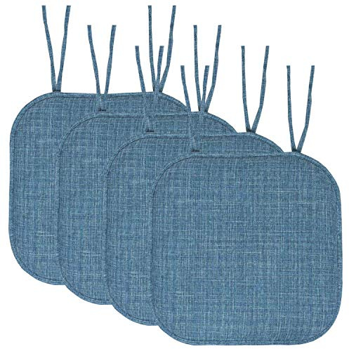 Sweet Home Collection Chair Cushion Memory Foam Pads with Ties Honeycomb Pattern Slip Non Skid Rubber Back Rounded Square 16 x 16 Seat Cover, 4 Pack, Aria Blue