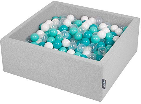 KiddyMoon Bällebad 90X30cm/200 Bälle ∅ 7Cm Bällepool Mit Bunten Bällen Für Babys Kinder Quadrat, Hellgrau:Helltürkis/Weiß/Transparent/Türkis