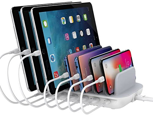 SooPii 70W Ladestation für mehrere Geräte, EIN 30W PD Anschluss für Laptop und 6 USB Anschlüsse für Smartphone, Tablet, 7 Kurze Kabel enthalten, weiß