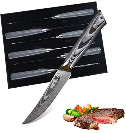 zayiko - Exklusive 6er Damast Steakmesser, Klinge 12.50 cm Länge - sehr hochwertiges, extra scharfes Profi Steakmesser-Set mit Damastklingen und G10 Griffen, Küchenmesser, Kochmesser