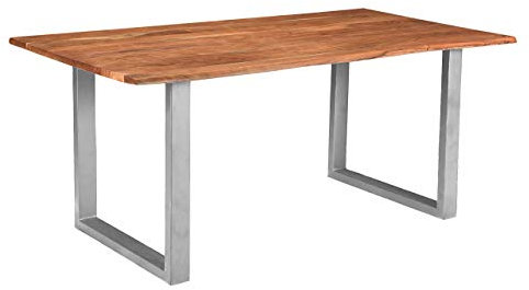 SAM Esszimmertisch 100 x 70 cm Insa, echte Baumkante, Akazienholz naturfarben, massiver Baumkantentisch mit U-Gestell Silber