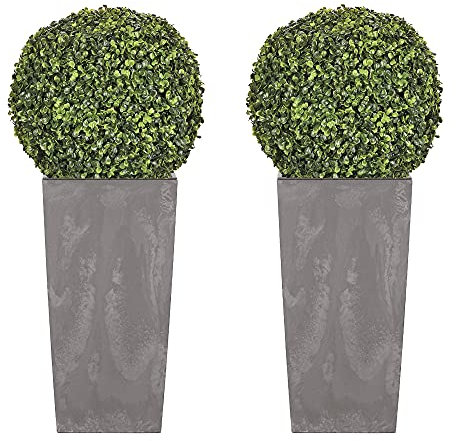 Prosperplast Urbi Square Effect Doppel-Set aus Kunststoff mit Behälter in Hellgrau, 55 x 29,5 x 29,5 x 29,5 cm (B) + Buchsbaumkugel Ø 36 cm