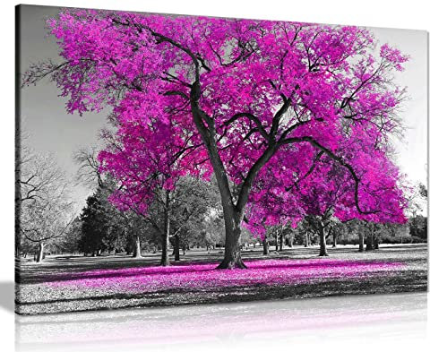 Grand arbre feuilles roses noir blanc nature art mural impression sur toile décoration d'intérieur 46 x 31 cm