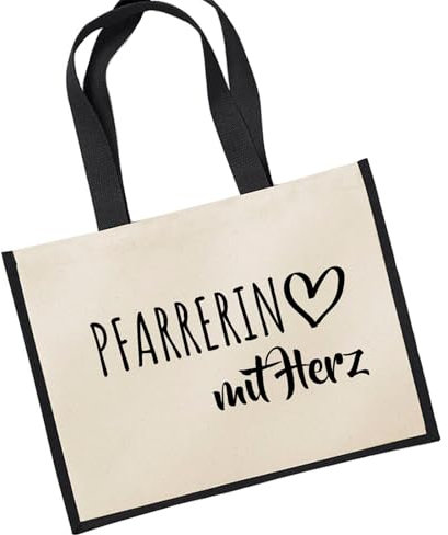 Huuraa Jutetasche Pfarrerin mit Herz Geschenk 21 Liter Black Jute und Baumwolle Einkaufstasche Pfarrerin Geschenkidee