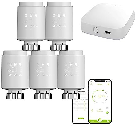 Qiumi Zigbee Thermostat Heizkörperventil, Smart Programmierbarer Thermostat, Temperaturheizung, eTRV, Alexa, Googlehome Sprachsteuerung, Steckertyp ist M30 x 1,5 5 Valve + 1 Gateway