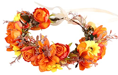 Vivivalue Damen-Haarband mit Blumenkrone, Blumen-Kopfschmuck, Halo, Orange