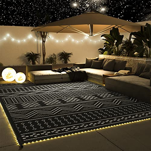 Outdoor-Teppich, wasserdicht, 2.4x3 m, mit LED-Lichtstreifen, Terrassenteppich, Matte, Innen- und Außenbereich, für Wohnmobil, Camping, Picknick, wendbar, Dekoration, Boho-Teppich