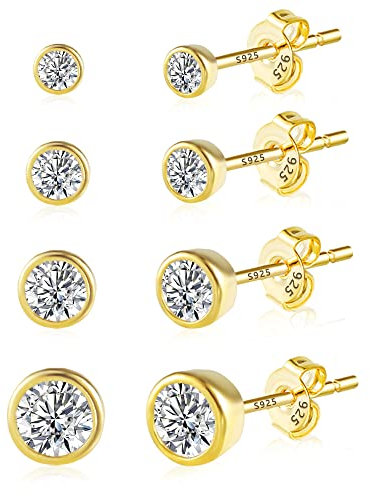 ASH'S CHOICE Gold Stud Earrings for Women, 4 Pairs Small Mini Set, 925 SterlingSilver 14K Goldplated Studs, Round Ball Zirconia Crystal Rhineston Girls