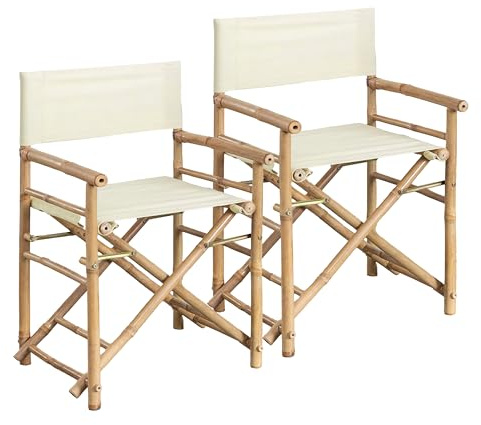 Brigros Estosa - Sedia regista in Bamboo con Telo in Cotone Bianco Set da 2-91x47x44 cm - Design Naturale e Confortevole, poltrona da giardino, poltrona in bamboo (Bianco)