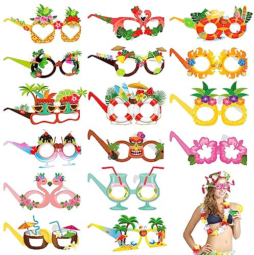 TOPJOWGA 16 Paia Occhiali Hawaiani, Carta Occhiali da Sole da Festa Luau, Occhiali da Festa Hawaiani Tropicali, Occhiali da Spiaggia, Divertenti Occhiali da Sole Foto Props per Festa Tropicale
