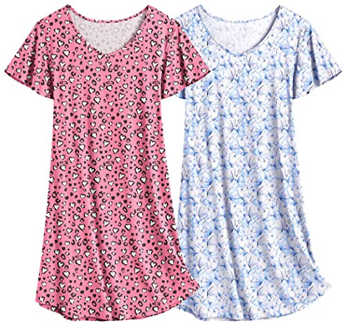 Ekouaer Chemises de Nuit à Manches Courtes pour Femmes 2 pièces Chemise de Nuit Mignonne d'été Coeur Rose + Papillon Bleu XL