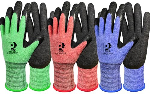 PROGANDA 3 Pairs Gardening Gloves for Men Women, Superior Grip Latex Coating Work Gloves Colourful Comfortable Breathable Lightweight, Garden Construction Car Outdoor
