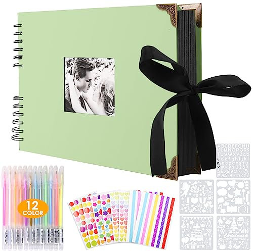 Fotoalbum zum Selbstgestalten, Scrapbook 80 Schwarze Seiten Fotobuch zum Einkleben,DIY Geschenk Scrapbooking Set für Baby Familie Jahrestag Geburtstags Valentinstag Hochzeit mit Protektkegeln Grüne