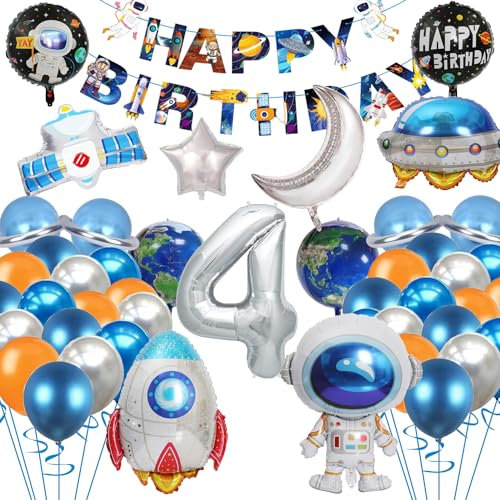 Weltraum Astronaut Folienballon, Kinder Happy Birthday Astronaut Ballon, Astronaut Rakete Folienballon Luftballons für Kinder Junge Mädchen Geburtstagsparty 4 Jahre