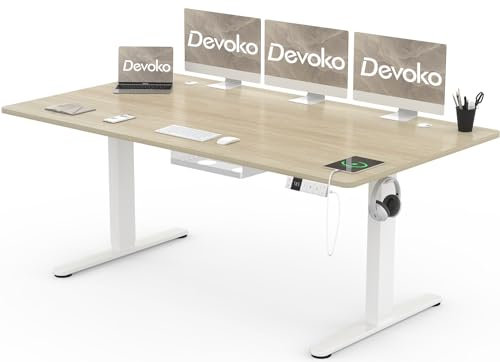 Devoko Höhenverstellbarer Schreibtisch 180x80cm mit Typ-C Ladeanschluss, Schreibtisch Höhenverstellbar Elektrisch, Mobiler Elektrisch Computertisch mit Kabel Management Tray, Eiche