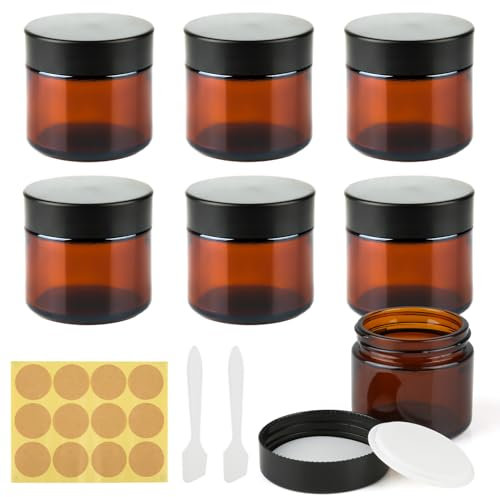 RVLZKCPG 6 Pièces Pot Vide Cosmétiques, 60ml Pot Creme Vide, Rechargeable Contenant Cosmetique Vide, Pots Verre Ambre aux UV pour CosméTiques, CrèMes, Lotions