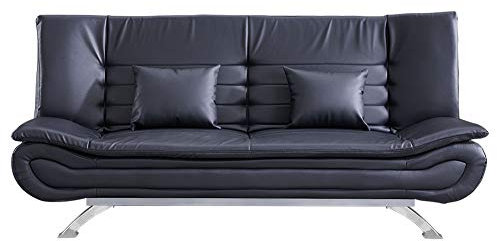 INMOZATA Faux Leather Sofa Bed 3 Seater Sofa 188cm Bed Settee Click Clack Sofabed Convertible Sofa Couch with Chrome Legs and Two Pillows Support Leg for Living Room/Guest Room/Office (Black)